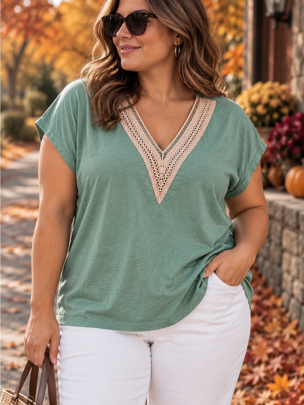 Merokeety Mint Green V-Neck Crochet Trim Sweater